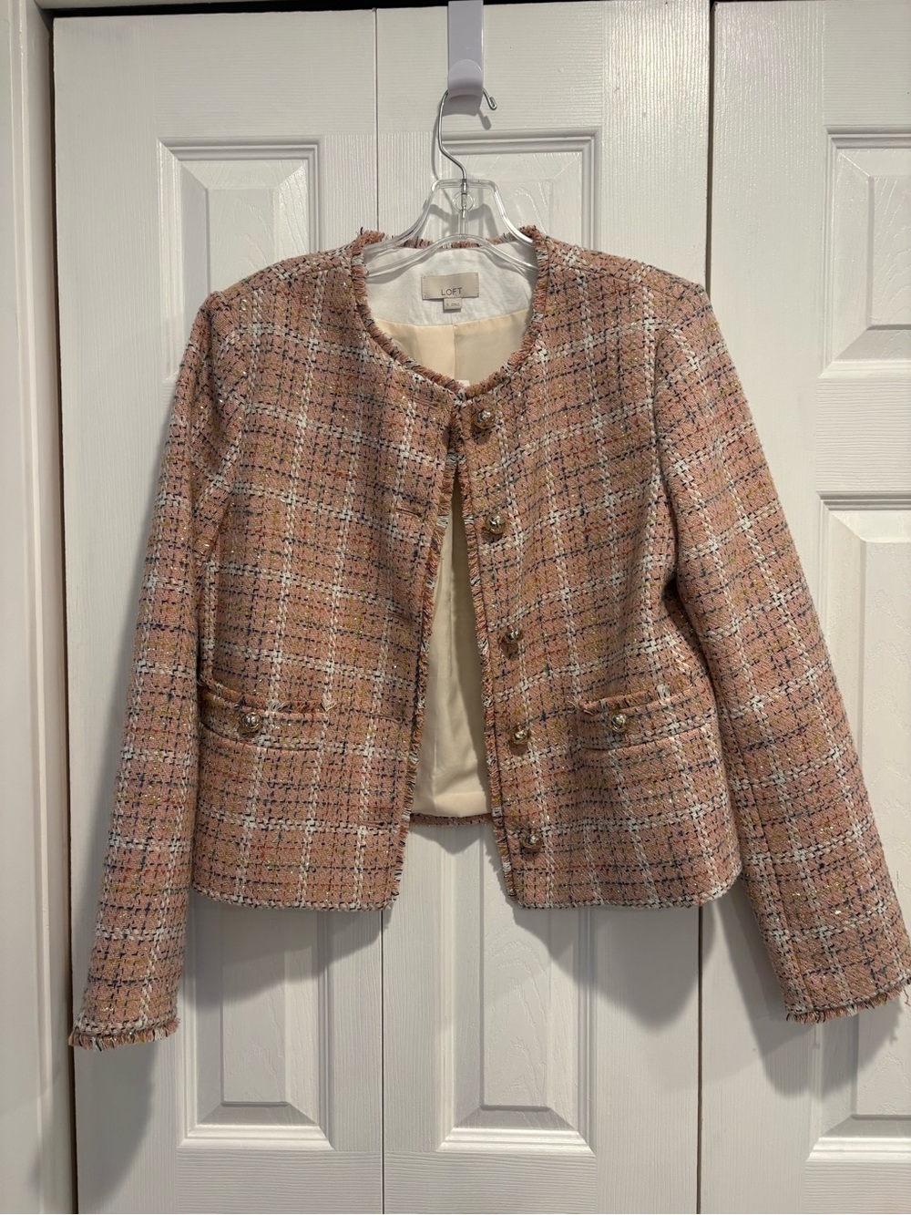 LOFT Blush Pink Tweed Collarless Jacket